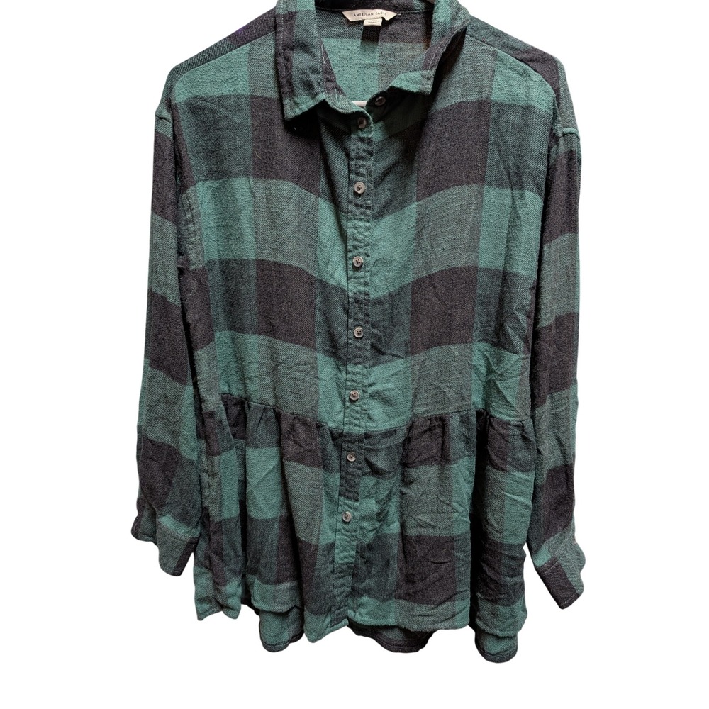 American Eagle Peplum Flannel Top Womens Small Green Plaid Excellent Long Sleeve